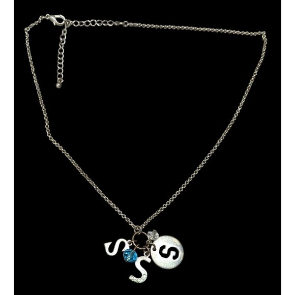 S Initial Charm Necklace Silver Tone With Blue Bead Accent - Picture 1 of 5